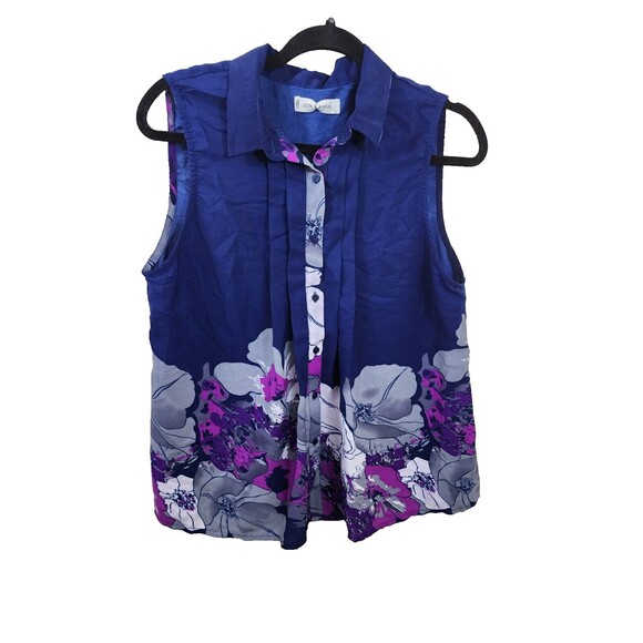 Jon & Anna Womens L Blue Floral Sleeveless Button Up Blouse - Picture 1 of 5